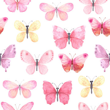 Seamless pattern with pink bright watercolor butterflies