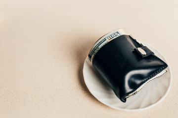 Dollar bills in a wallet on a white plate - Thick tight full of money wallet