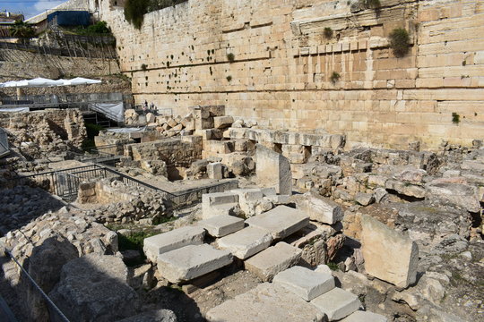  Remains of Robinson's Arch along the western wall of the Temple Mount. It was built as part of the expansion of the Second Temple, initiated by Herod the Great, at the end of the 1st century BCE.
