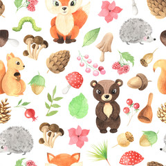 Watercolor seamless pattern with cute animals