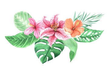 Watercolor hand painted tropical flowers