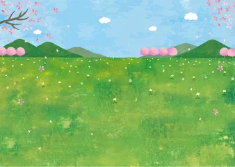 Tragetasche 山と草原と桜の景色水彩 © まるまる