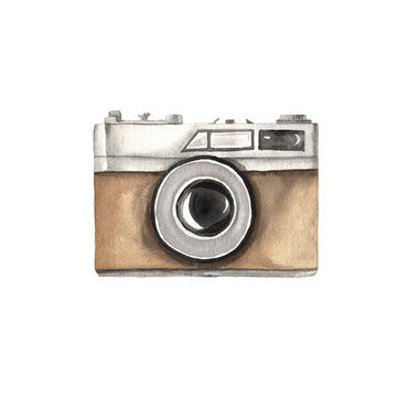 Watercolor hand painted vintage photo camera