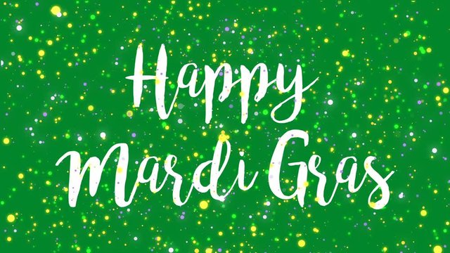 Sparkly green Happy Mardi Gras greeting card video animation with handwritten text and flickering colorful glitter light particles.