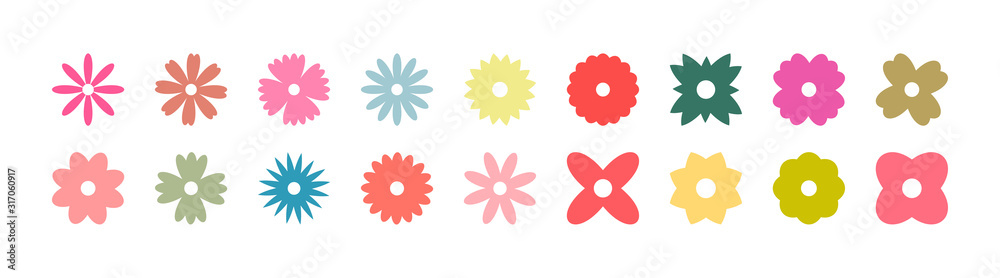 Wall mural flowers colorful, isolated on white background. different flowers in modern flat style. flower flat 