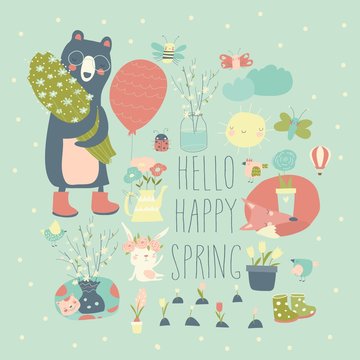 Set of cartoon animals and spring elements