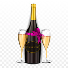 Realistic champagne bottle with a beautiful pink bow and two transparent glass of champagne on an isolated background, realistic vector illustration