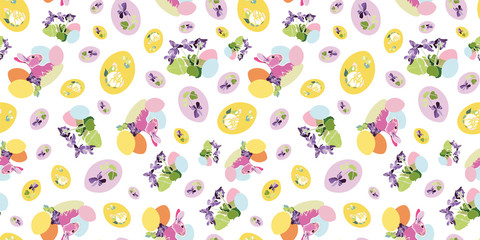 Vector realistic botany easter repeat pattern with rabbit, viola, easter nest. Beautiful colorful design for your family event. Nature background. Print, fabric, stationary.
