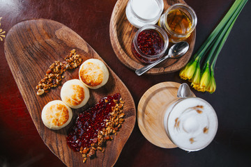 cheesecakes and coffee. Breakfast. cottage cheese