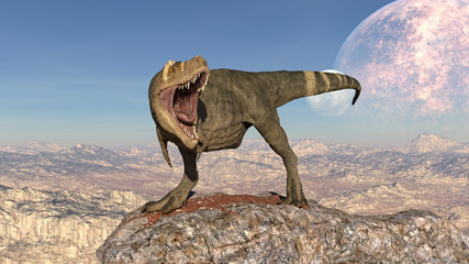T-Rex Dinosaur, Tyrannosaurus Rex reptile walking on rock, prehistoric Jurassic animal in deserted nature environment, 3D illustration