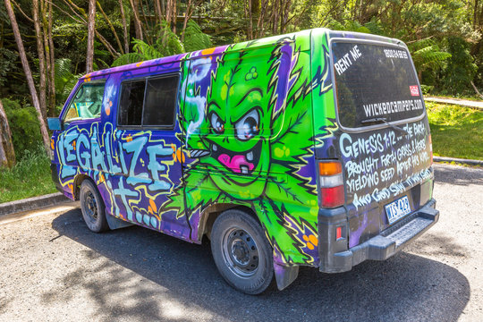 Sydney, Australia - January 10, 2015: Hippie van with Legalize Marijuana airbrushing hand made. Typical campers from Australian company: Wickedcampers.