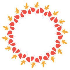 Round frame with cozy vertical red and orange leaves on white background. Isolated wreath for your design.