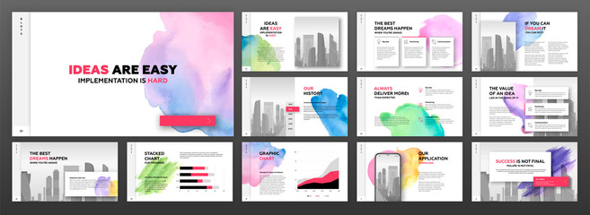 Modern powerpoint presentation templates set for business with colourful watercolour blots and cityscape illustration on background. Artistic keynote template, landing page, horizontal brochure cover