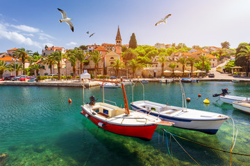 Splitska village with beautiful port and seagull's flying over the village, Brac island, Croatia....