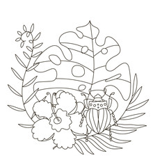 Hand drawing coloring pages for children and adults. A beautiful illustration for creative coloring with paints and pencils. Coloring book with tropical flowers, monstera, palm, beetle, scarab