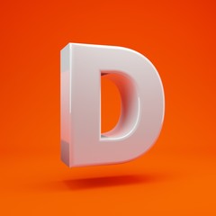 Whithe glossy 3d letter D uppercase on hot orange background. 3D rendering. Best for anniversary, birthday party, celebration.