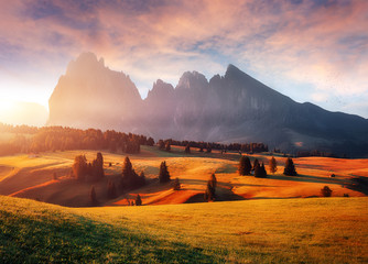 Incredible Nature Landscape. Awesome Dolomites Alps during sunrise. Fairytale green alpine plateau...