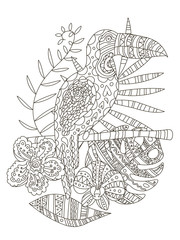 Hand drawing coloring pages for children and adults. A beautiful pattern with small details for creativity. Antistress coloring book with toucan,tropical flowers, orchid, monstera, palm