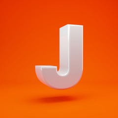 Whithe glossy 3d letter J uppercase on hot orange background. 3D rendering. Best for anniversary, birthday party, celebration.