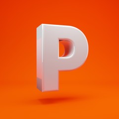 Whithe glossy 3d letter P uppercase on hot orange background. 3D rendering. Best for anniversary, birthday party, celebration.