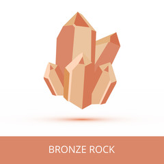 Vector mineralogy icon of bronze rock stone, bronze nugget or bronze ore. Brown glittering crystalline stone or gemstone crystal with shadow isolated on a white background. Icon of expensive jewel.