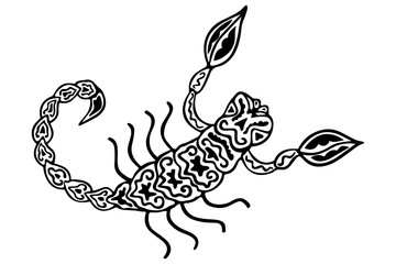 Fototapeta premium Black and white ornamental scorpion in ethnic style. Hand-drawn arthropod of the arachnid class. Zodiac sign Scorpius. Isolate for coloring, tattoo, t-shirt design. Vector.