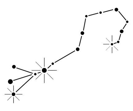 Hand-drawn traced Scorpius constellation in black color on a white background. Zodiac chart. Vector.