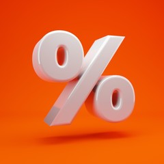 Whithe glossy 3d percent symbol on hot orange background. 3D rendering. Best for anniversary, birthday party, celebration.