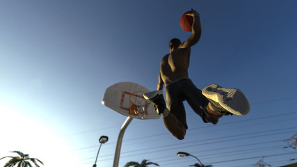 Street basketball player is flying blue sky with one hand slam dunk 3d render © bekirevren