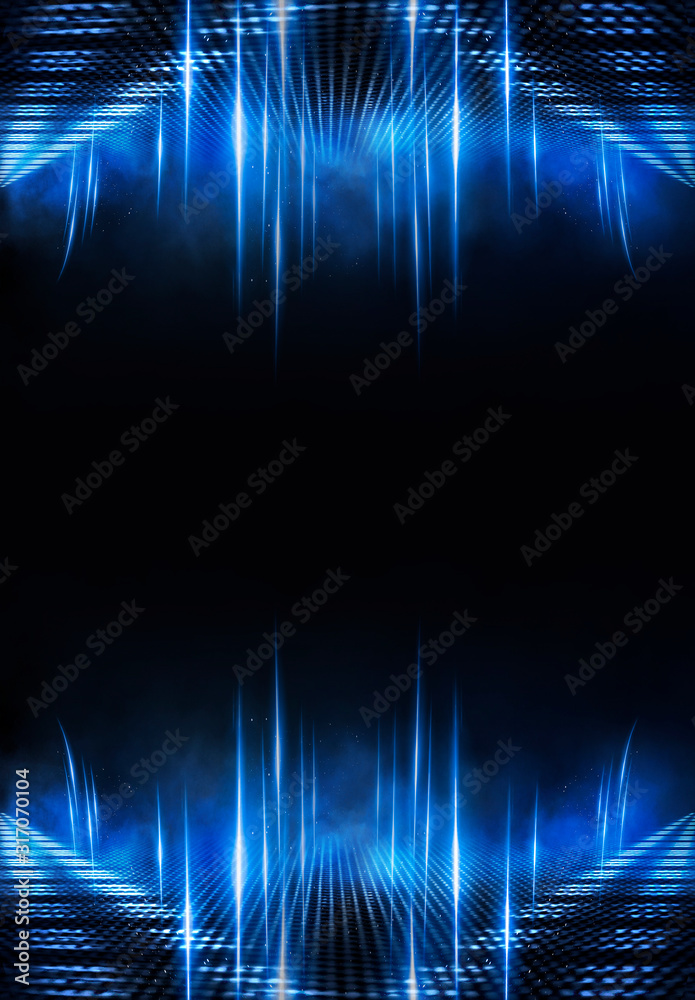 Poster background wall with neon lines and rays. background dark corridor with neon light. abstract backgro