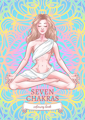 Young meditating yogi woman in lotus pose on mandala background. Adult coloring book title page design. Vector illustration