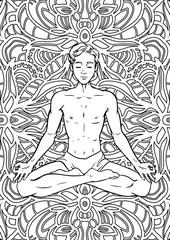 Young meditating yogi man in lotus pose on mandala background. Adult coloring book page. Vector illustration