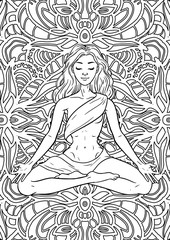 Young meditating yogi woman in lotus pose on mandala background. Adult coloring book page. Vector illustration