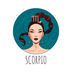 Scorpio zodiac sign artwork, beautiful girl face, horoscope symbol, star sign, vector illustration