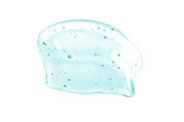 Beautiful blue transparent gel smear of hyaluronic acid on a white background isolated. Face serum is smudged. Products for makeup and skin care. Organic cosmetics. Cosmetology.