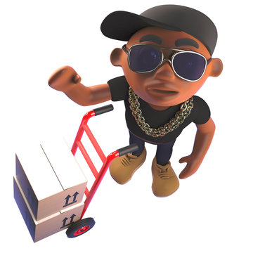 3d cartoon hiphop rap artist in baseball cap waving next to a hand cart with parcels, 3d illustration