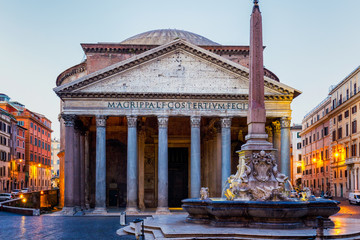 Pantheon, former Roman temple of all gods, now a church, and Fountain with obelisk at Piazza della...