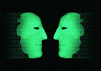 Two green anonymous masks with binary code. Two 3d stylized male faces symbolizing meeting two people on cyberspace, anonymous dialogue social network.