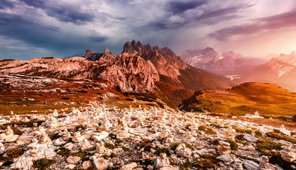 Beautiful alpine countryside. Awesome Alpine highlands in sunset. Amazing Nature Scenery of...