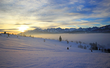 Beautiful winter scenery in Bukowina Tatrzanska