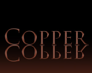 The word copper is written in metallic letters on a black background and is also mirrored and has a copper gradient from bottom to top. Concept: typesetting for logo, poster, invitation. vector