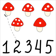 The task of developing mindfulness and training in numbers and counting. Lesson for children of preschool and elementary school. Compare the number of white dots on the fly agaric with the numbers. 