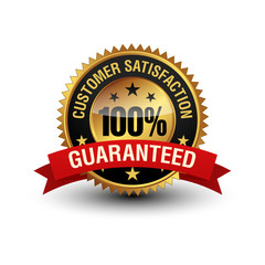 Very powerful golden color 100% customer satisfaction guaranteed badge with red ribbon on top. Isolated on white background.