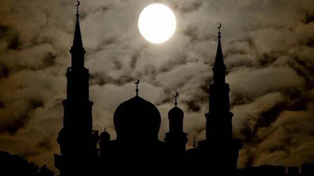 Cathedral of Moscow: Time Lapse by Night with Silhouette of Mosque in Darkness and Full Moon, Russia, Europe