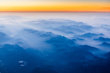 Sunrise above Alps, aerial view of Austria