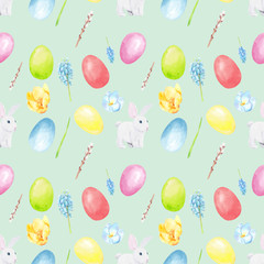 Watercolor hand drawn easter seamless pattern with white rabbit, multi colored egg and flowers isolated on green background. Good for fabric, card, wrapping paper, wallpaper etc.
