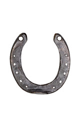 Horseshoe isolated. Close-up of metal horse shoe as a symbol of good luck, prosperity and of a happy future isolated on a white background. Macro photograph. Front and back view.
