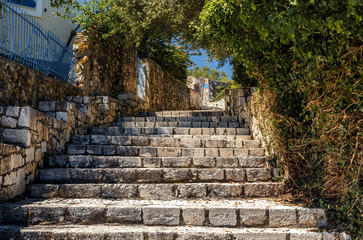 Traditional Greece architecture Traditional old street in Fiscardo village Beautiful Nature cityscape on the Ionian island of Kefalonia, Greece.