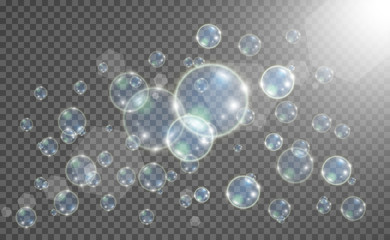 White beautiful bubbles on a transparent background vector illustration. Soap bubbles.