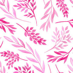 Fototapeta na wymiar Watercolor pink leaves and tree branches seamless pattern. Hand drawn plants isolated on white background. Romantic texture for cards, wrapping, decoration, textile